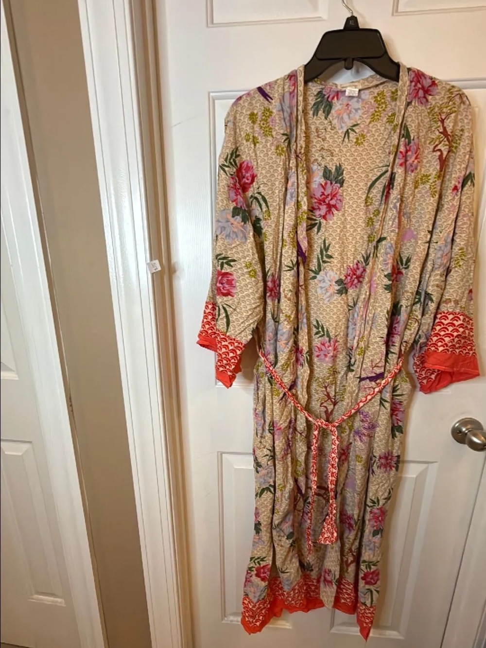 World Market Floral Kimono Duster with Coral Trim